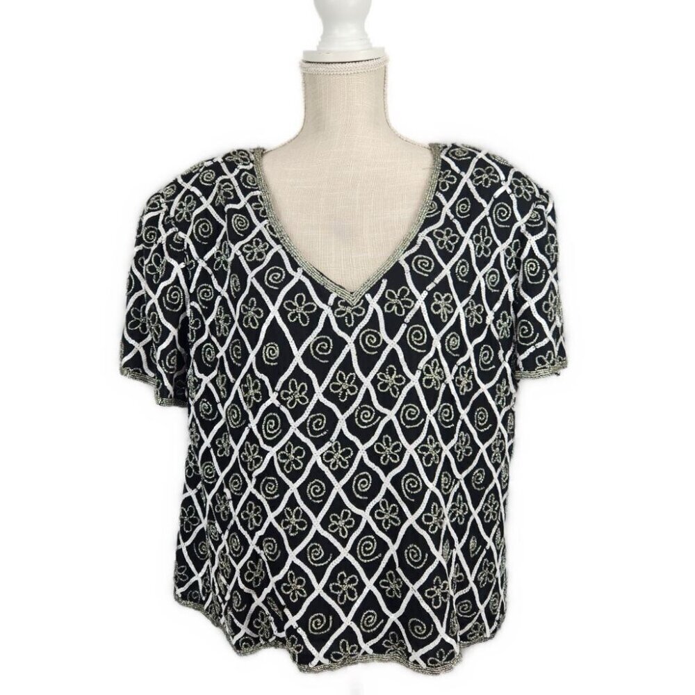 Vintage Laurence Kazar Silk Beaded Formal Top Women's 2X Black Short Sleeve